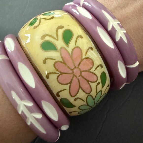 NWT Fantasia India Floral Yellow Purple Bangles Hand Painted Carved Set of 5 - Picture 5 of 10